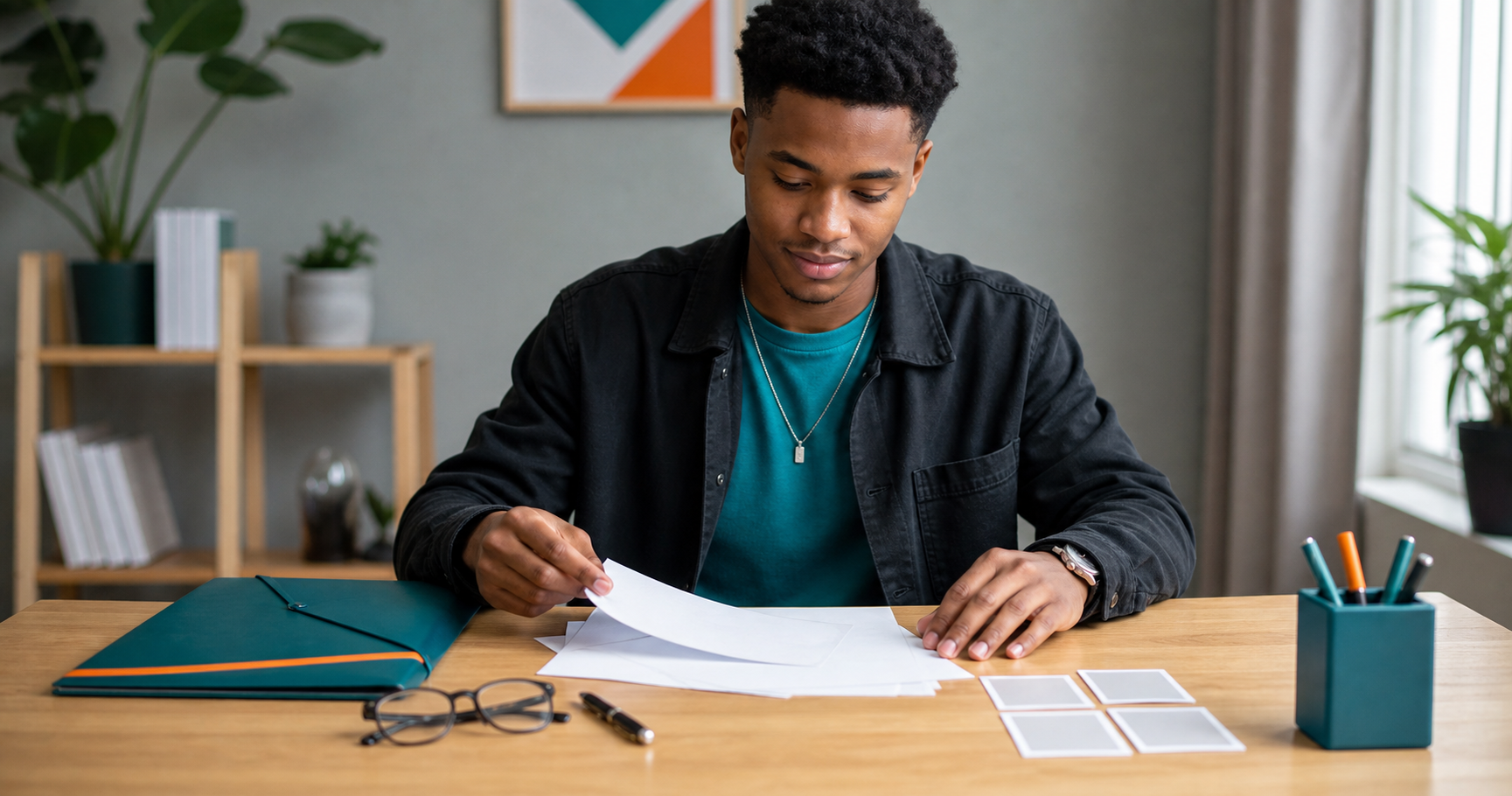 Learner preparing blank application documents and ID photo placeholders at a desk