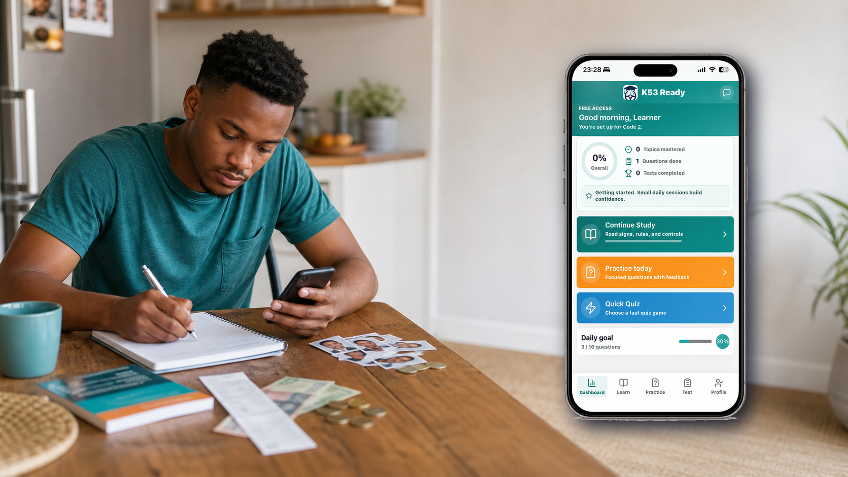 Learner planning South African learner's licence costs with the K53 Ready app dashboard shown on a phone