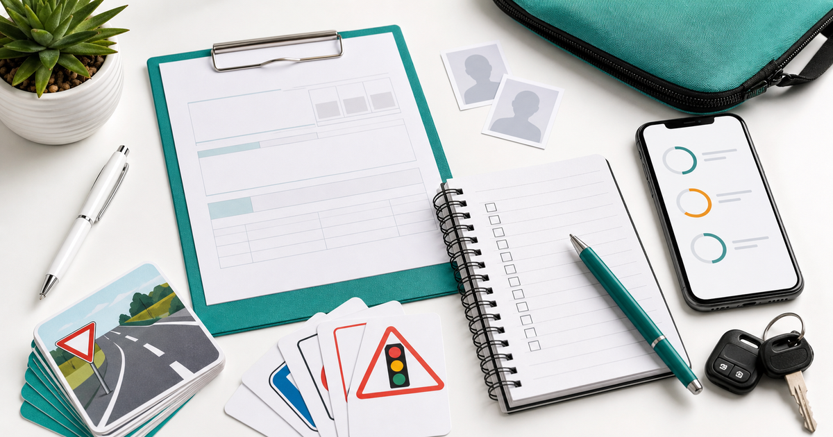 Learner licence test-day checklist with study cards, blank forms, a notebook, keys, and a phone