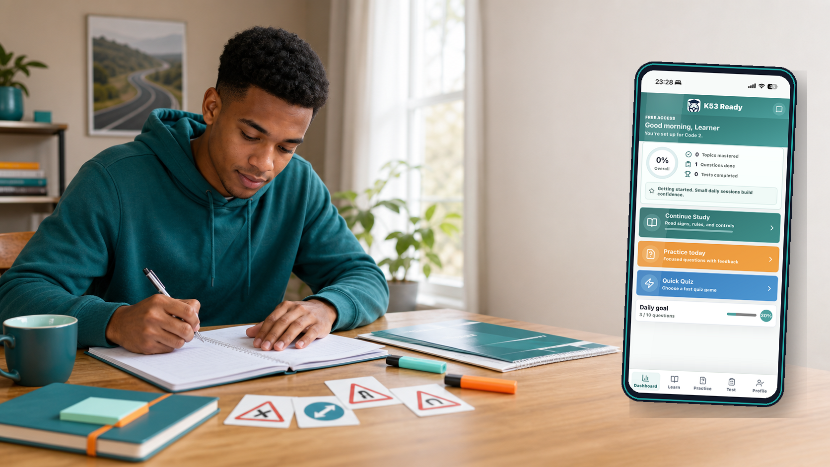 Learner studying with the K53 Ready app dashboard shown on a phone