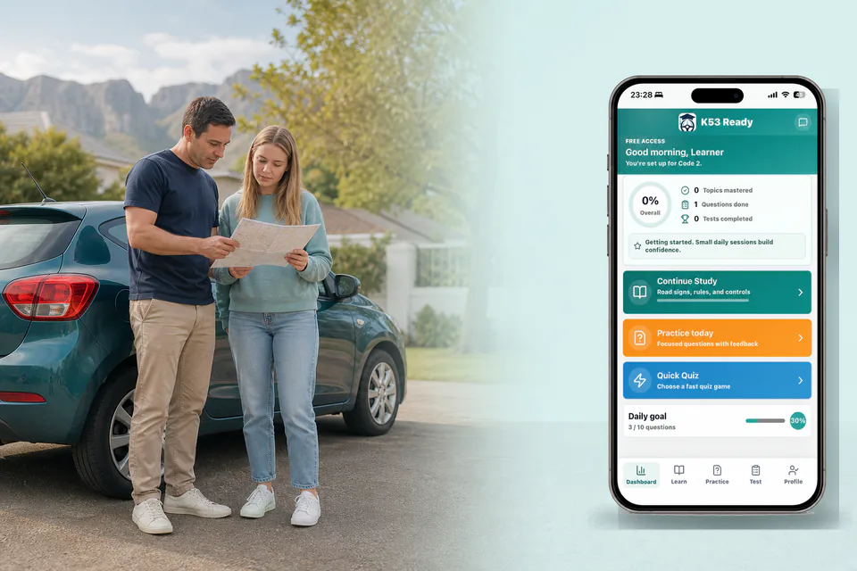 Fair-complexioned learner and licensed supervisor planning a driving-practice route beside a parked car, with K53 Ready displayed on a phone