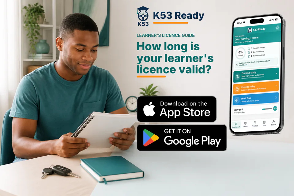 K53 Ready learner's licence validity guide graphic with a South African learner studying, the unmodified dashboard phone, and App Store and Google Play badges