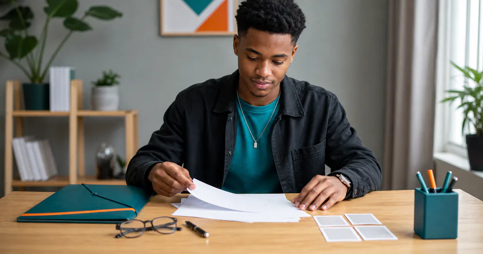 Learner preparing blank application documents and ID photo placeholders at a desk