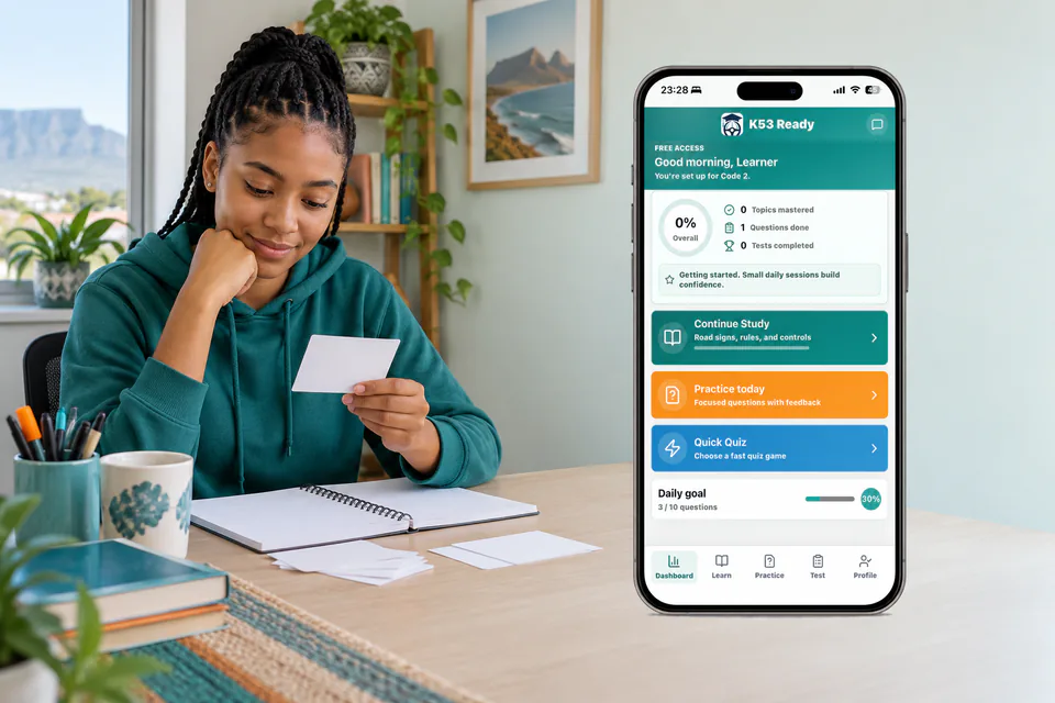 Learner studying at a teal desk beside the unchanged K53 Ready dashboard phone
