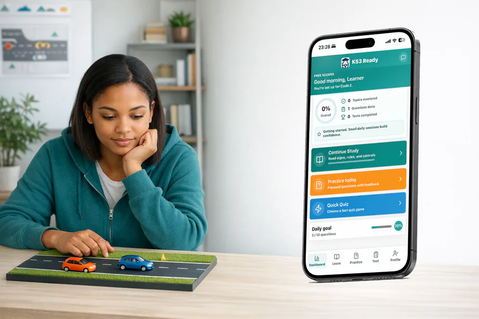South African learner studying a two-lane overtaking model beside the unmodified K53 Ready dashboard phone