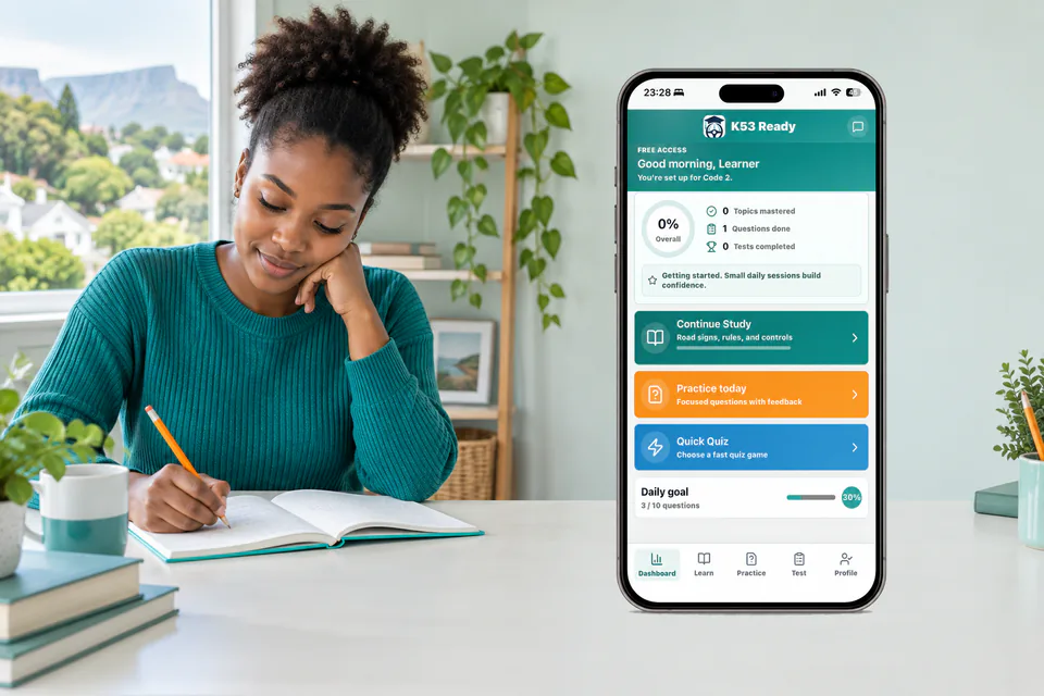 Learner studying at a teal-accented desk beside the unchanged K53 Ready dashboard phone