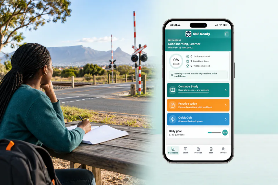 Learner studying beside a railway crossing scene and the unchanged K53 Ready dashboard phone