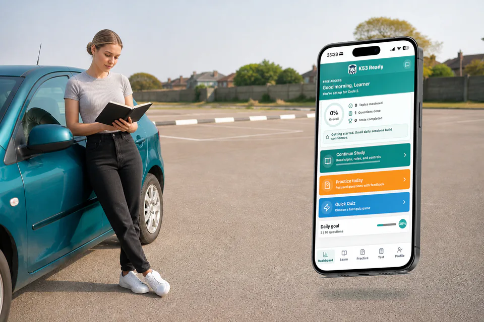 South African learner studying beside a parked teal car with the unmodified K53 Ready dashboard phone and practice-area road markings
