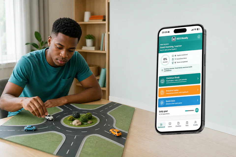 South African learner studying a tabletop traffic-circle model beside the unmodified K53 Ready dashboard phone