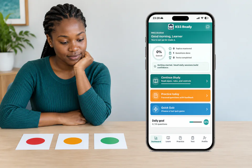 Learner reviewing traffic-light colour cards beside the unchanged K53 Ready dashboard phone