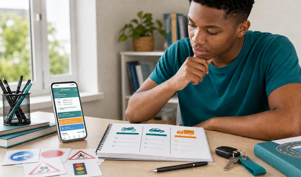 Learner comparing Code 1, Code 2, and Code 3 with the K53 Ready app dashboard shown on a phone