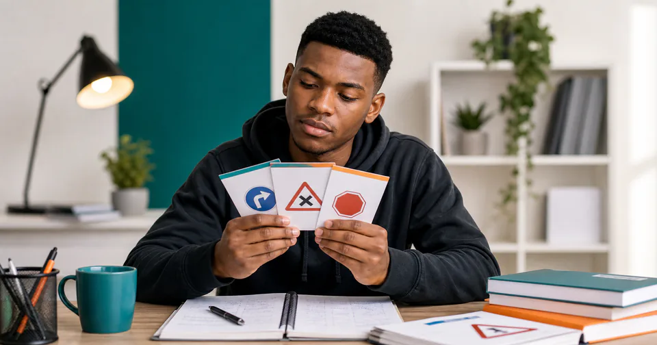 Learner comparing unbranded road-sign study cards while preparing licence questions