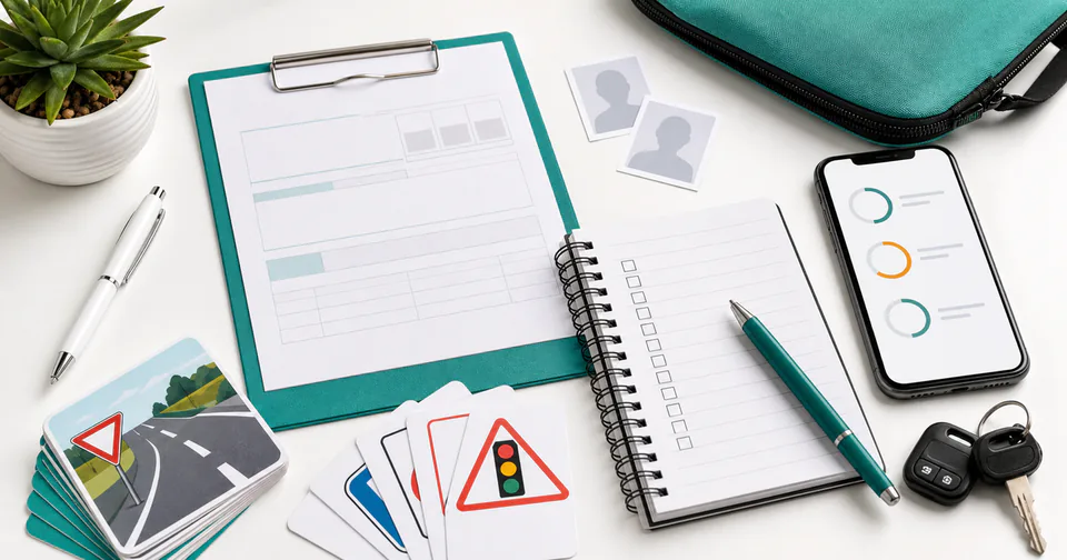 Learner licence test-day checklist with study cards, blank forms, a notebook, keys, and a phone