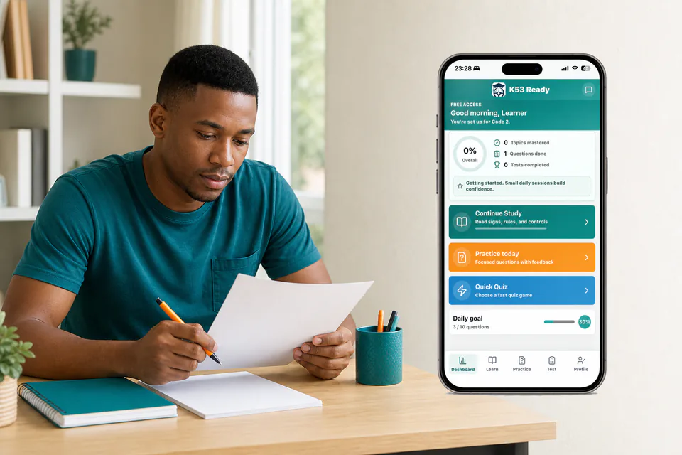 South African learner reviewing blank practice notes beside the unmodified K53 Ready dashboard phone in a teal and orange study scene