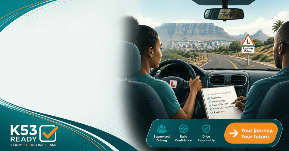 Teal and orange learner driver guidance illustration with notebook, steering wheel, and supervised-driving cues